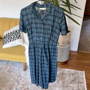 Vintage Blue Plaid Button Up Shirt Dress